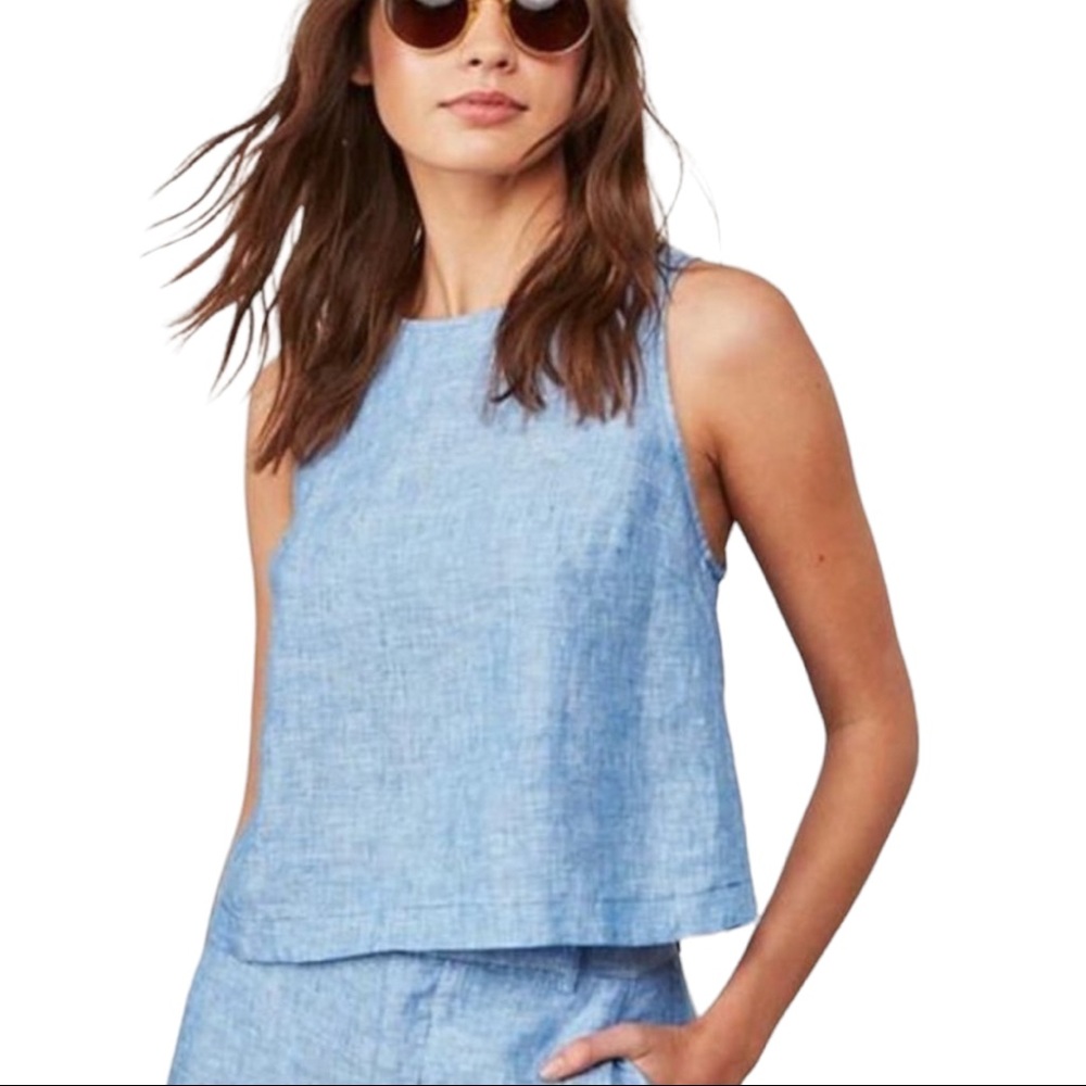 100% Linen Blue Sleeveless Crop Top